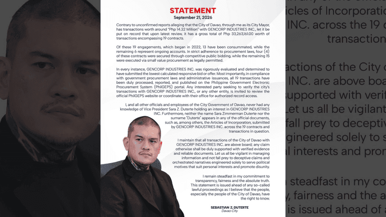Mayor Baste Duterte: Walang pangalang 'Duterte' sa 19 transaksyon ng GenCorp sa Davao City