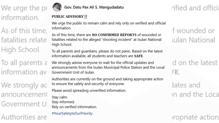Gov. Mangundadatu, tiniyak na walang sugatan o nasawi sa ulat ng pamamaril sa Isulan National High School