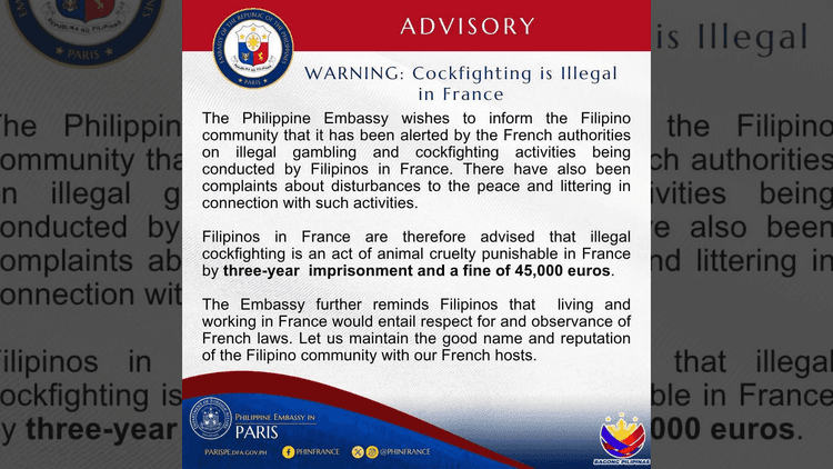 Philippine Embassy in France, nagbabala laban sa ilegal na pagsusugal at pagsasabong