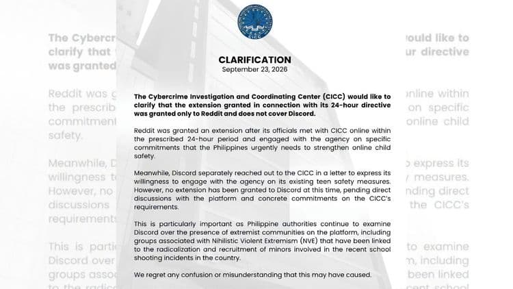 CICC: 24-hour extension, para lamang sa Reddit; hindi sakop ang Discord